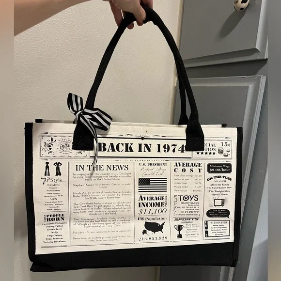NWT “1974 Vintage, Back in 1974” Large Canvas Tote Bag Black & White Bow Detail - Picture 11 of 13